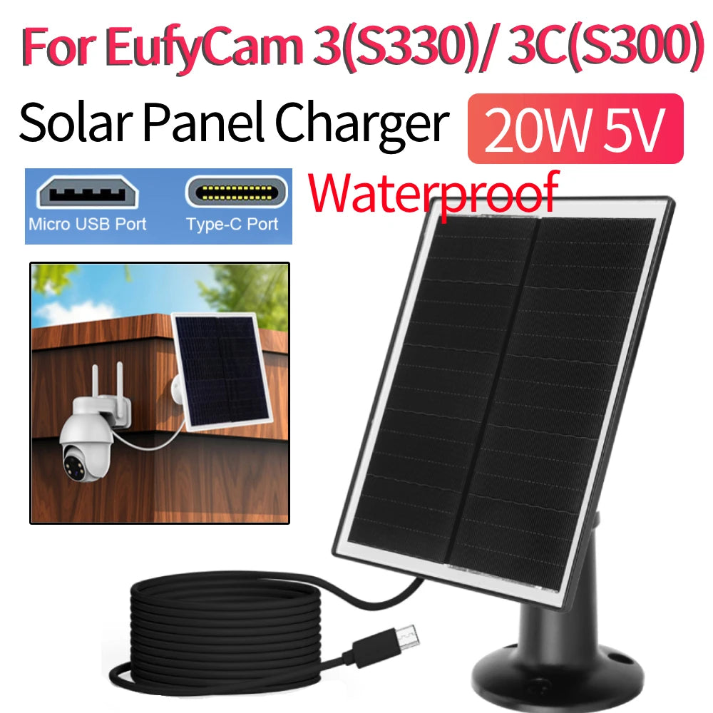 20W 5V Shingled Solar Panel Polycrystalline Solar Panel Charger Micro USB/USB-C Port Waterproof for EufyCam 3/3C Security Camera