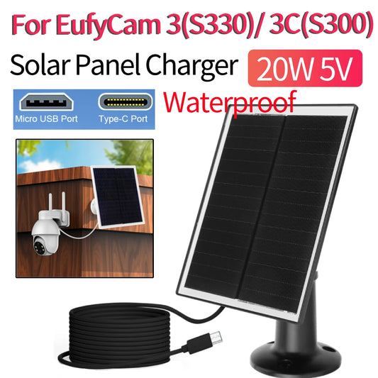 20W 5V Shingled Solar Panel Polycrystalline Solar Panel Charger Micro USB/USB-C Port Waterproof for EufyCam 3/3C Security Camera
