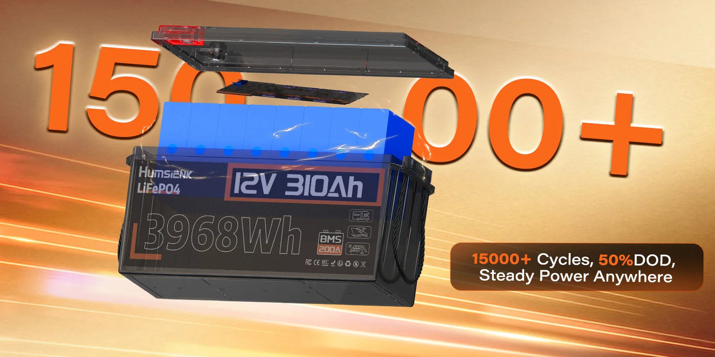 12V 310Ah LiFePO4  Battery 3968Wh Energy 200A BMS 15000 Cycles A+ Cells For RV/ Boat/ Solar Energy/ Off Grid/ Trolling Motor