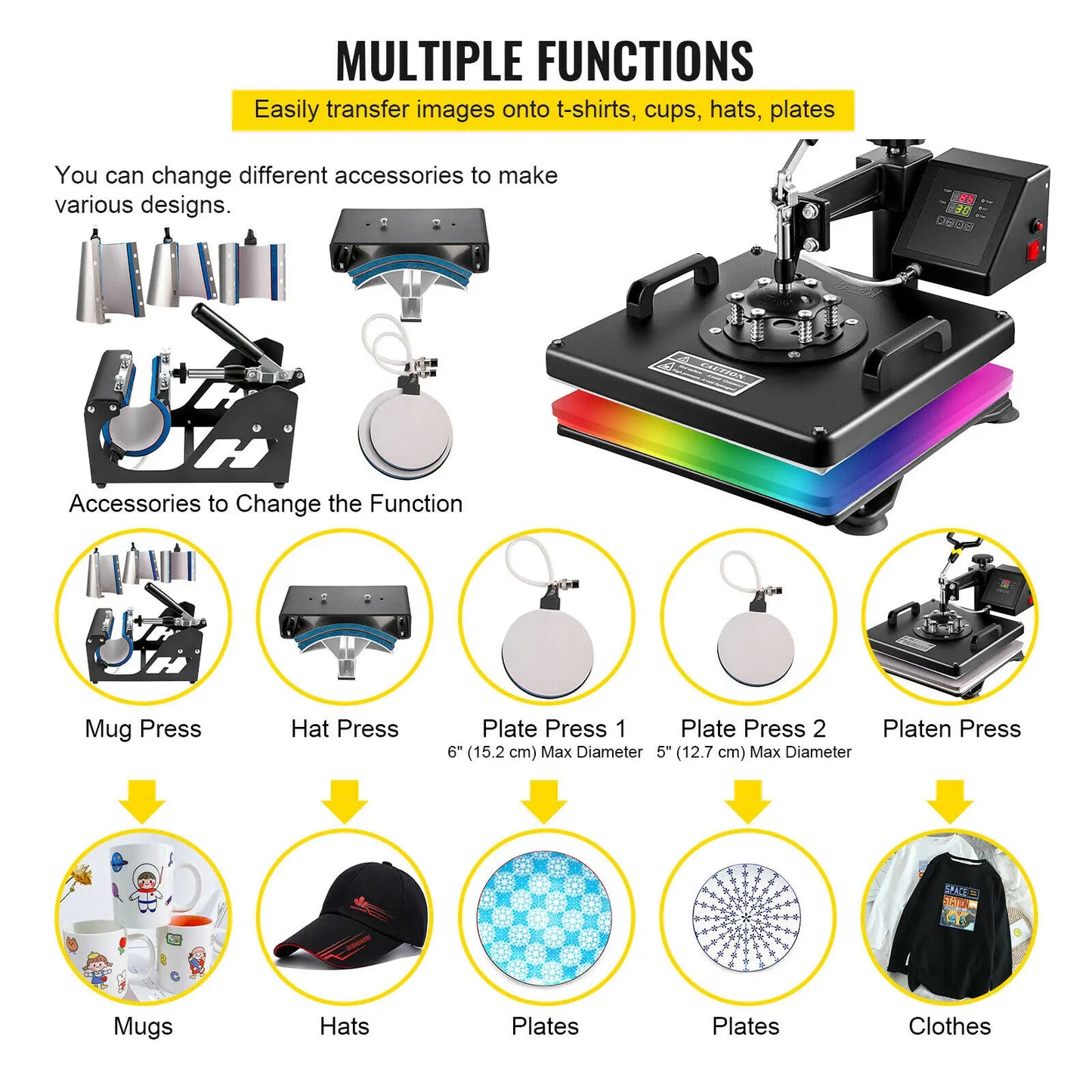 SucceBuy Combo Heat Press Machine 5/6/8 in 1 30*38CM 38*38CM Muntifunctional Sublimation Printer Transfer Mug Hat Plate T-Shirt