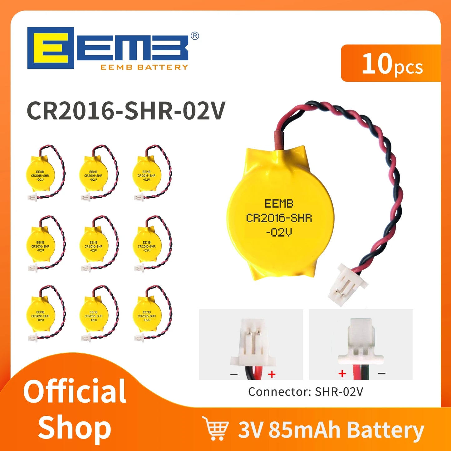 10PACK CMOS Battery EEMB 3V CR2016 Battery with SHR Plug Motherboard Laptop Replacement Battery for PC Computer