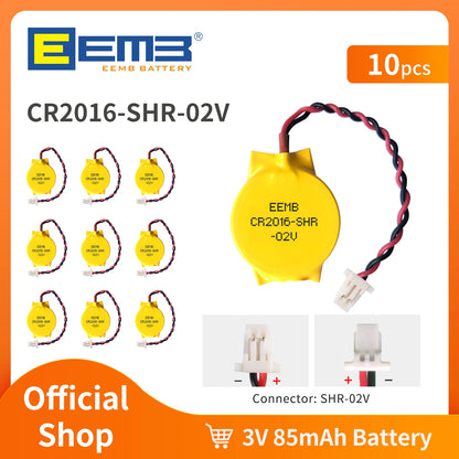 10PACK CMOS Battery EEMB 3V CR2016 Battery with SHR Plug Motherboard Laptop Replacement Battery for PC Computer