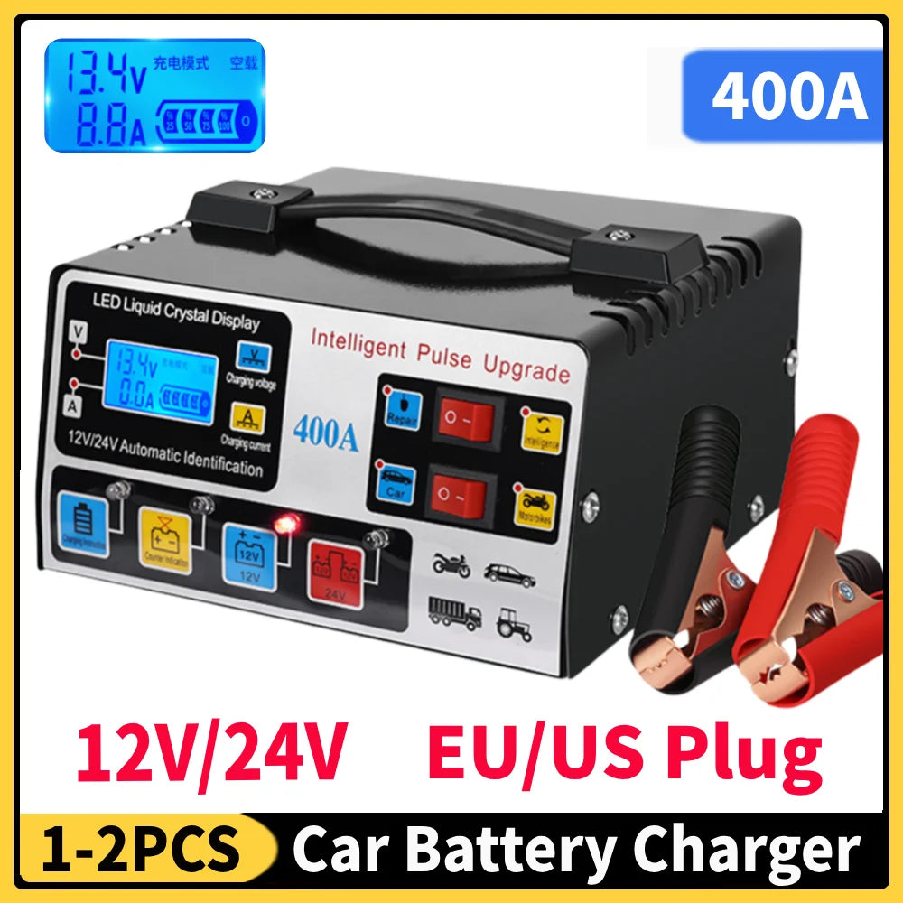 400A 220W Heavy Duty Smart Car Battery Charger 12V/24V LCD Display Self-Stop Battery Charger Five-Stage Full Automatic EU/US