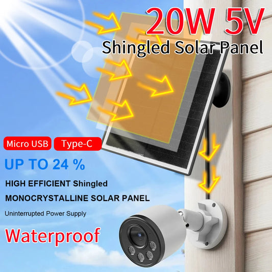20W 5V Shingled Solar Panel Polycrystalline Solar Panel Charger Micro USB/USB-C Port Waterproof for EufyCam 3/3C Security Camera