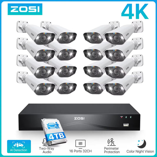 ZOSI 32CH 4K PoE Security Camera System 4TB Face/Person/Vehicle Detect 16 Port 32CH CCTV NVR Dual-Disk 8MP Surveillance IP Cams