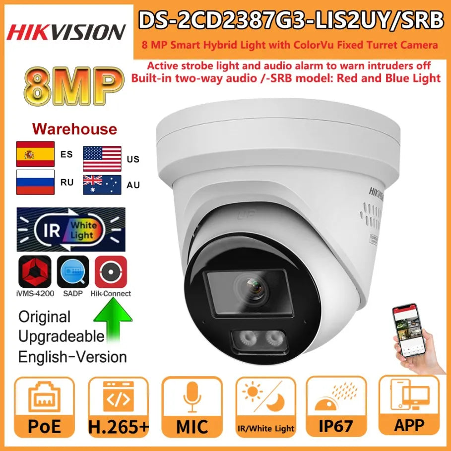 Hikvision 8MP IP Camera DS-2CD2387G3-LIS2UY/SRB Smart Hybrid Light ColorVu 2-Way Audio Turret Camera Red Blue Light Audio Alarm