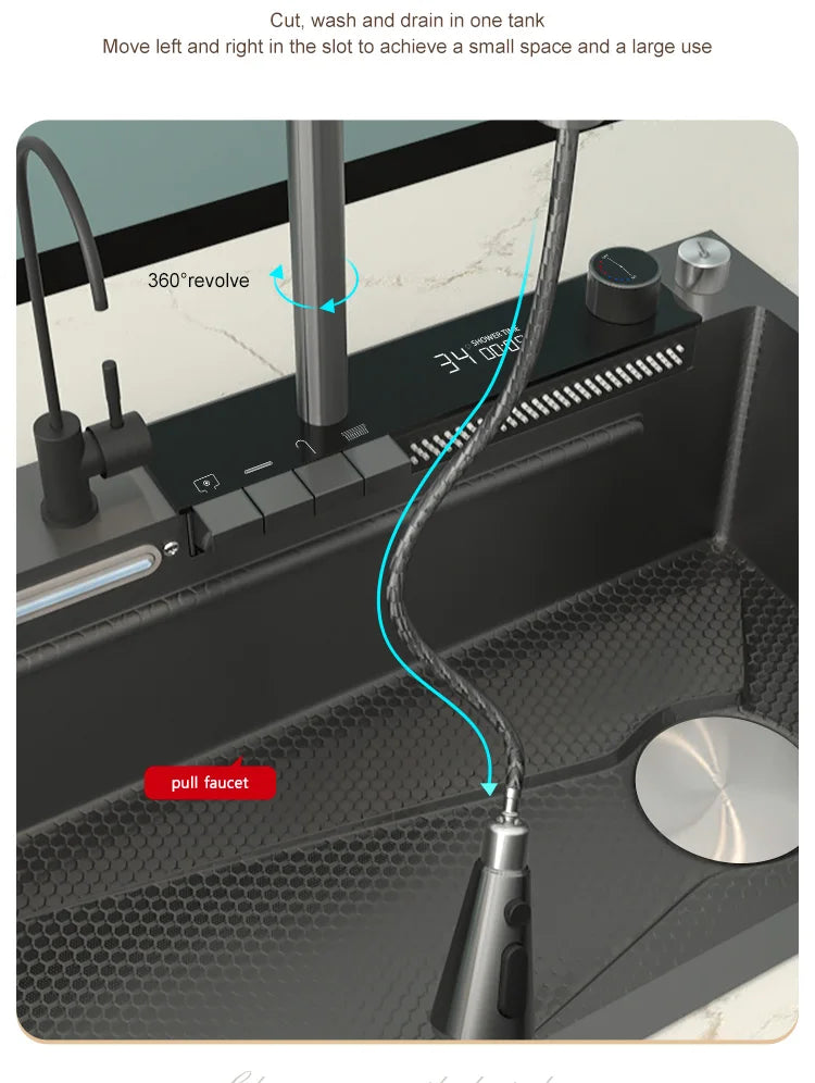 Stainless Steel Waterfall Kitchen Sink Large Single Slot With Digital Display Faucet Apartment Multifunctional Wash Basin