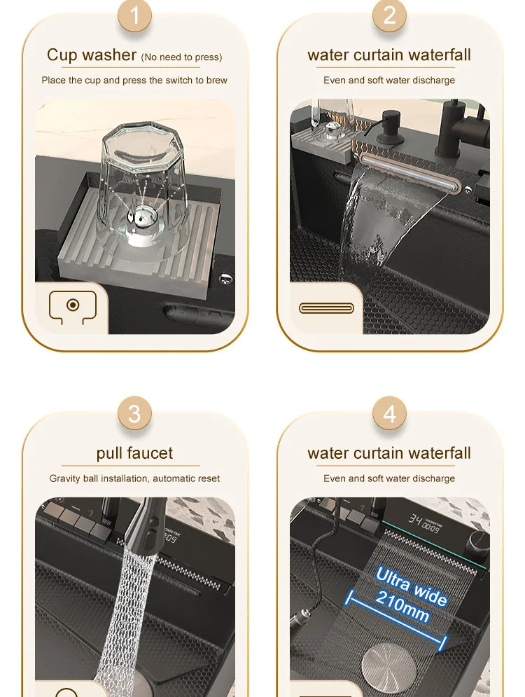 Stainless Steel Waterfall Kitchen Sink Large Single Slot With Digital Display Faucet Apartment Multifunctional Wash Basin