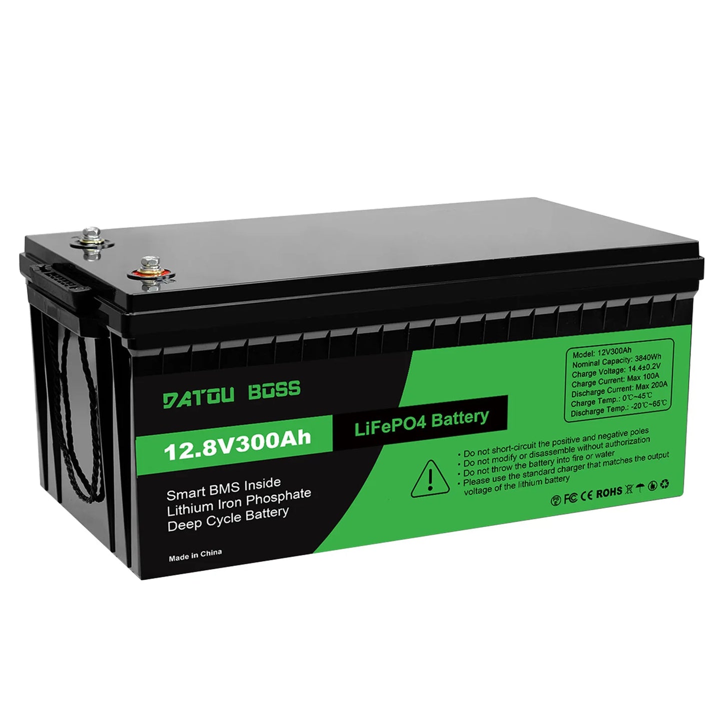 DATOUBOSS 12V 300Ah LiFePO4 Battery 3840Wh Deep Cycle Built-in BMS Max 200A Discharge for Solar Off-grid RV Marine