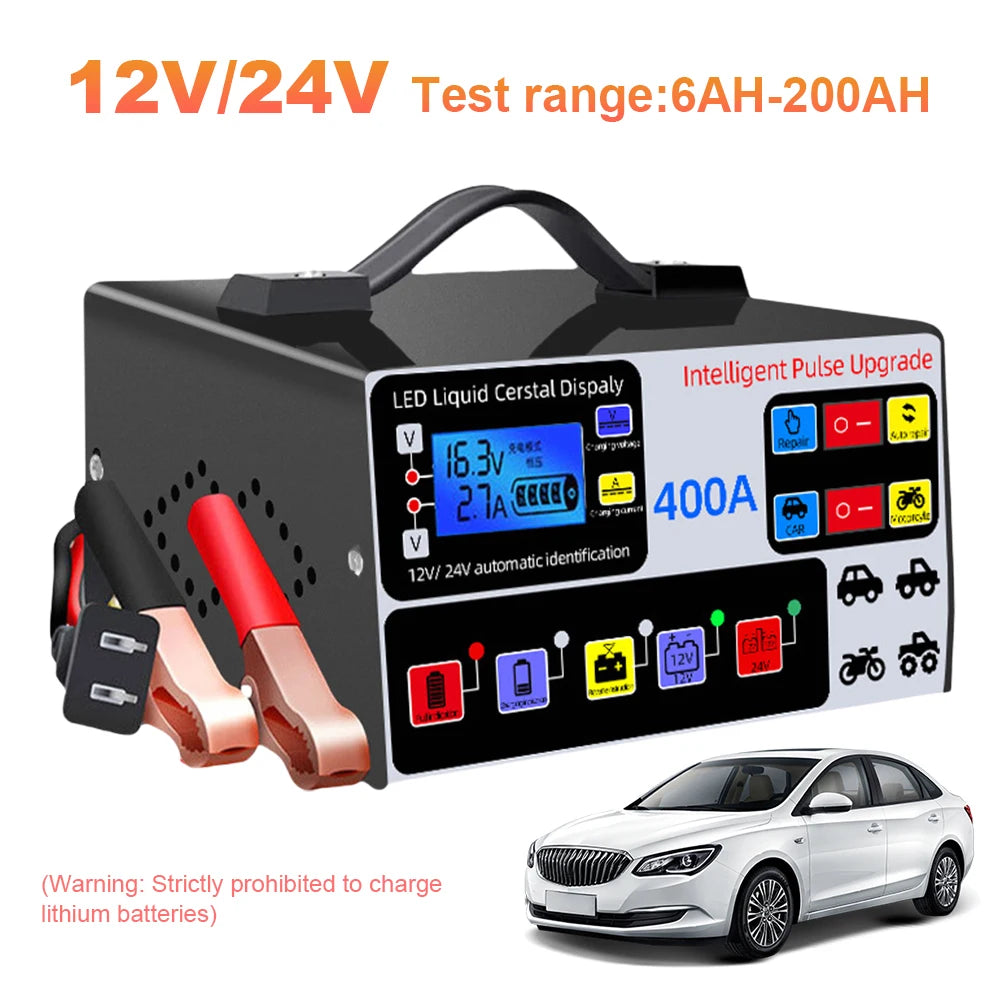 400A Car Battery Charger LCD Display Battery High Power Fast Charger Intelligent Pulse Repair Charger Self-Stop Battery Charger