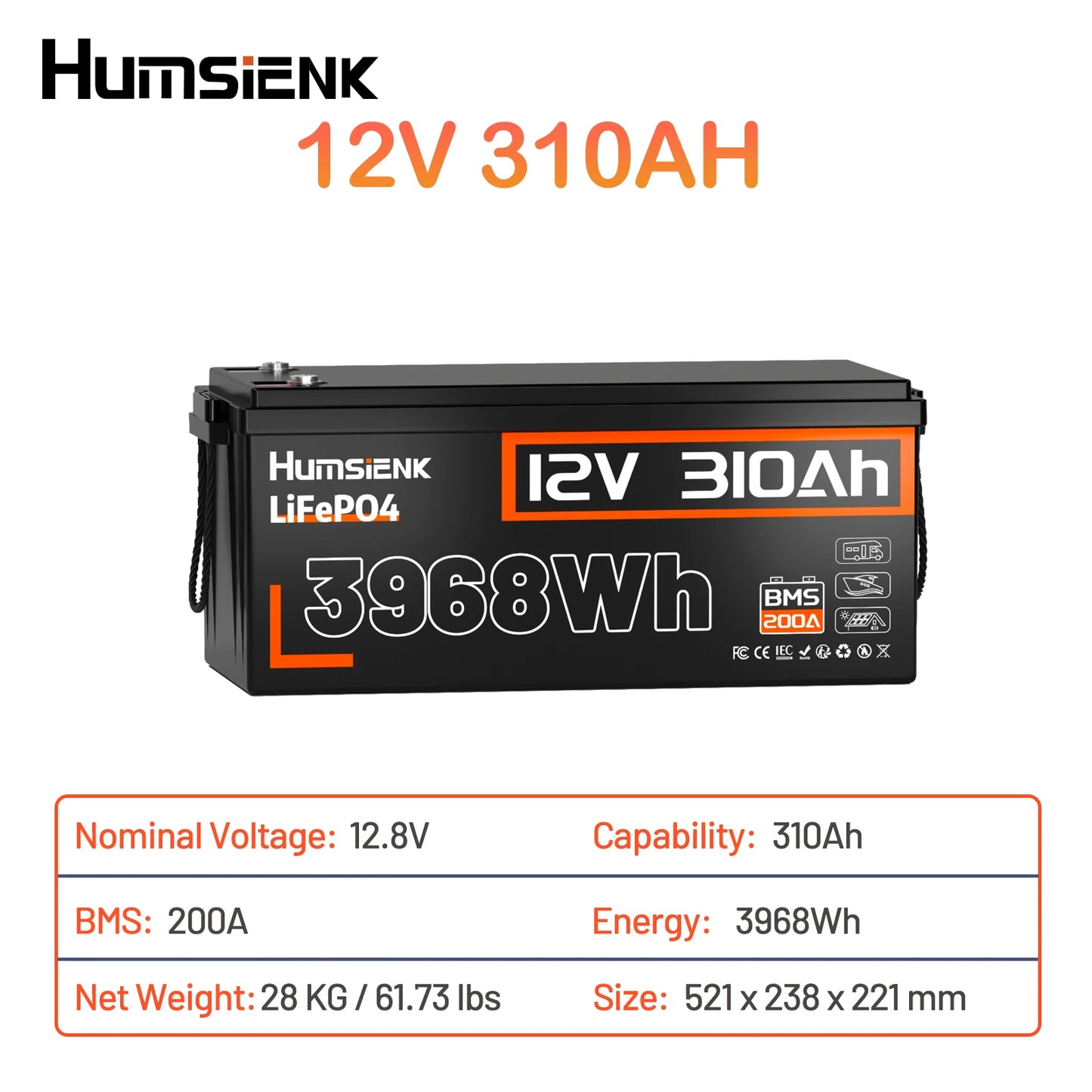 Humsienk 12V 100Ah 310Ah LiFePO4 Battery With BMS 8000 Cycle Perfect For Trolling Motors, Yacht, Marine, Boat, RVs, Home Energy