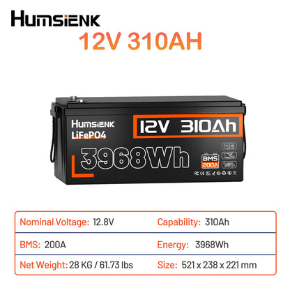 Humsienk 12V 100Ah 310Ah LiFePO4 Battery With BMS 8000 Cycle Perfect For Trolling Motors, Yacht, Marine, Boat, RVs, Home Energy