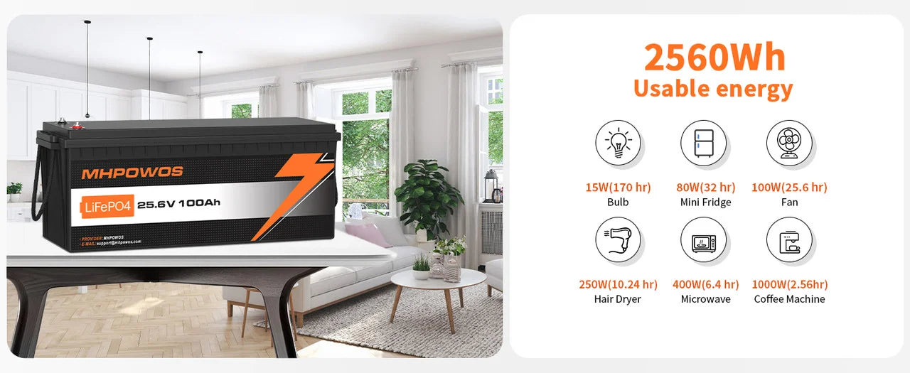MHPOWOS 24V 100Ah LiFePo4 Battery 2560Wh Supports with BMS Lithium Iron Phosphate Cells Up to 15000 Cycles For Golf Cart Solar