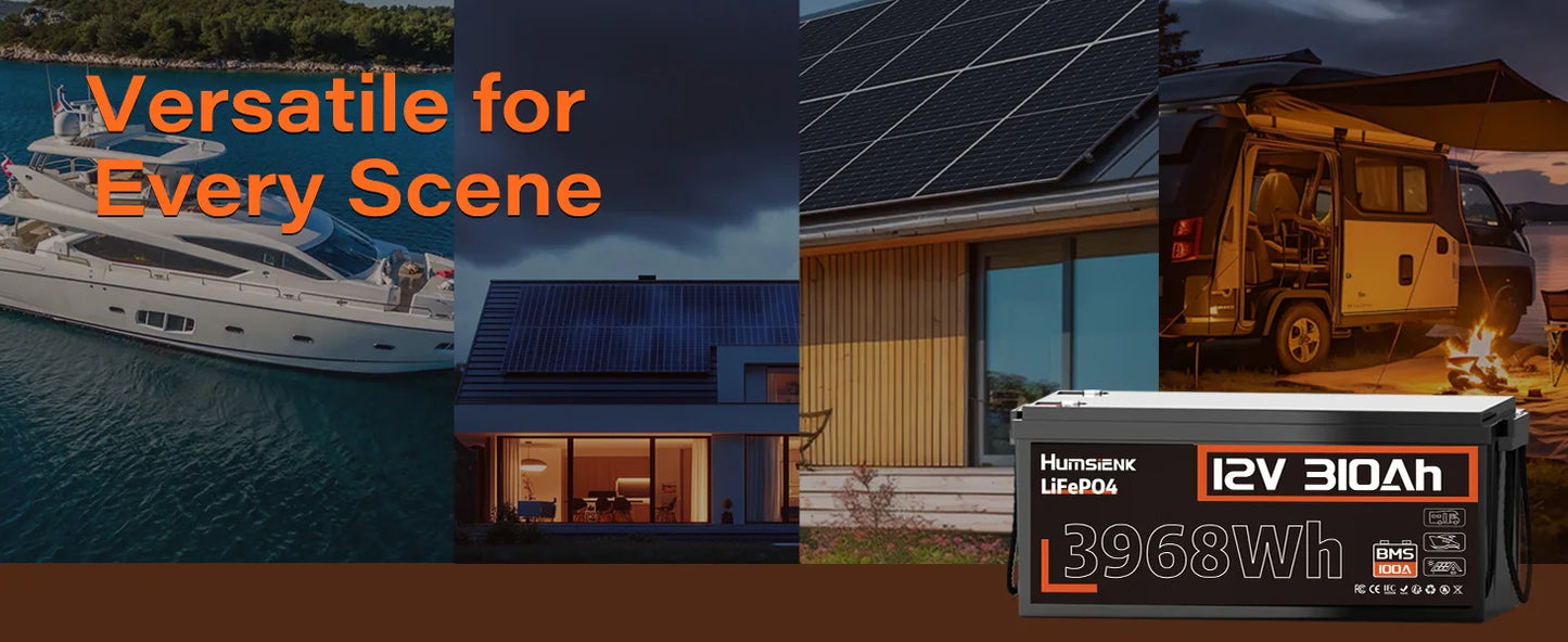 Humsienk 12V 100Ah 310Ah LiFePO4 Battery With BMS 8000 Cycle Perfect For Trolling Motors, Yacht, Marine, Boat, RVs, Home Energy