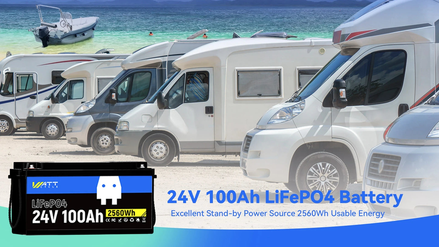Wattcycle LiFePO4 Lithium Battery 24V 100Ah Portable 2560Wh With BMS 100A Car Battery For RV/ Vans/ Trolling Motor/ Golf Cart