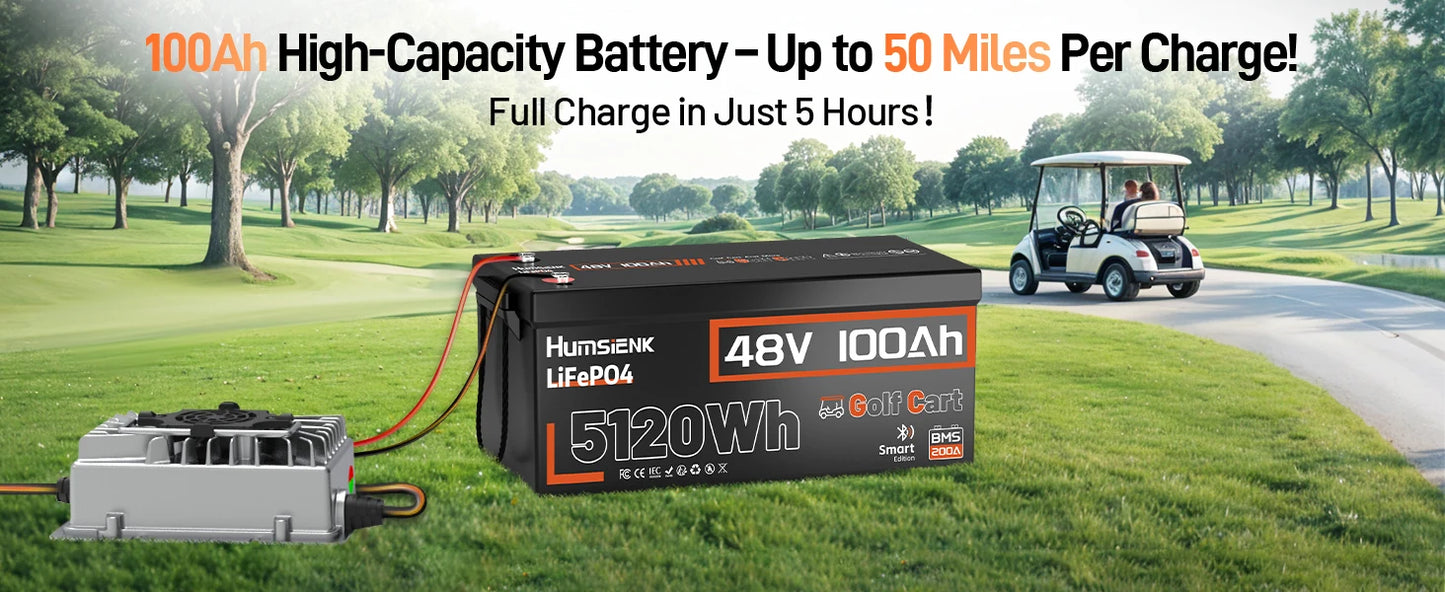 Humsienk Bluetooth LiFePO4 Battery 48V 100Ah Specializing in Golf Cart 200A BMS 5120Wh Energy Real-time Monitor Battery Data