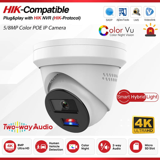 Hikvision Compatible 5MP/8MP Hybrid Light IP Camera Human Vehicle Detection 2-way Audio Home Outdoor Security Video Surveillance