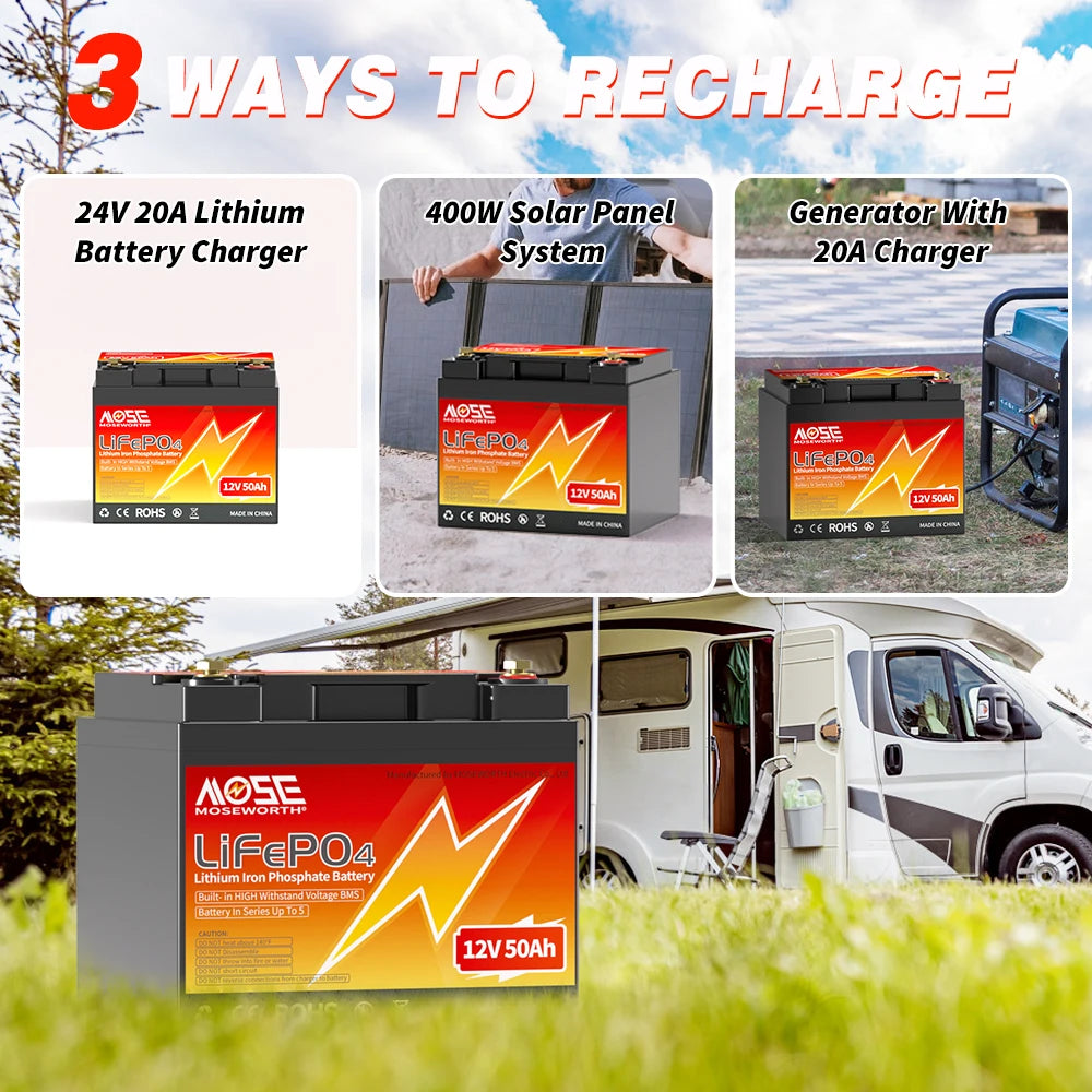 MOSEWORTH 12V 50Ah LiFePO4 Battery 50A BMS 640W Rechargeable Lithium Iron Phosphate Battery Deep Cycle Low-Temp Protection