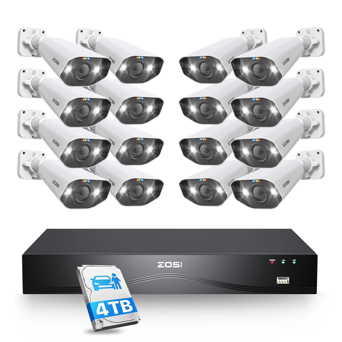 ZOSI 32CH 4K PoE Security Camera System 4TB Face/Person/Vehicle Detect 16 Port 32CH CCTV NVR Dual-Disk 8MP Surveillance IP Cams
