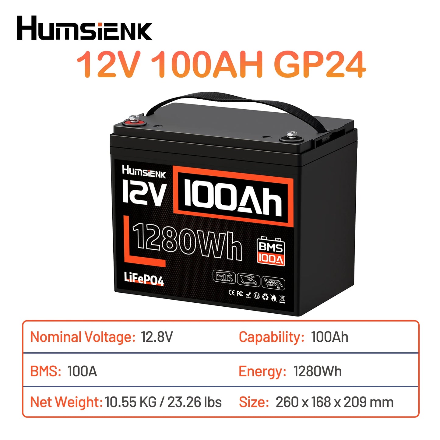 Humsienk 12V 100Ah 310Ah LiFePO4 Battery With BMS 8000 Cycle Perfect For Trolling Motors, Yacht, Marine, Boat, RVs, Home Energy
