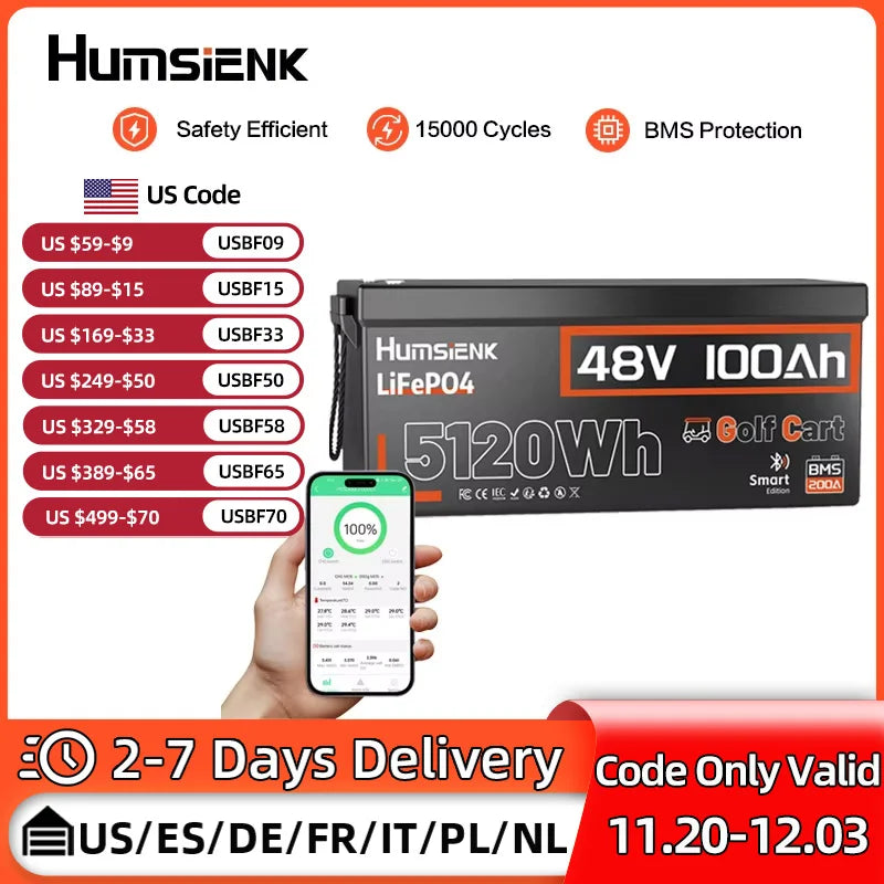 HumSienk LiFePO4 Battery Packs 48V 100Ah Specially Designed For Golf Cart 200A BMS Robust 5120Wh Smart Bluetooth Monitor
