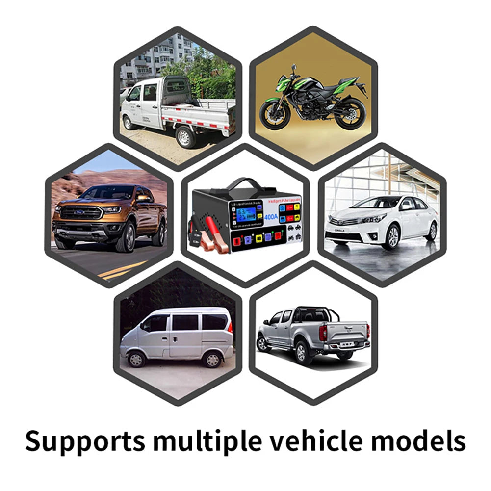 400A Car Battery Charger LCD Display Battery High Power Fast Charger Intelligent Pulse Repair Charger Self-Stop Battery Charger