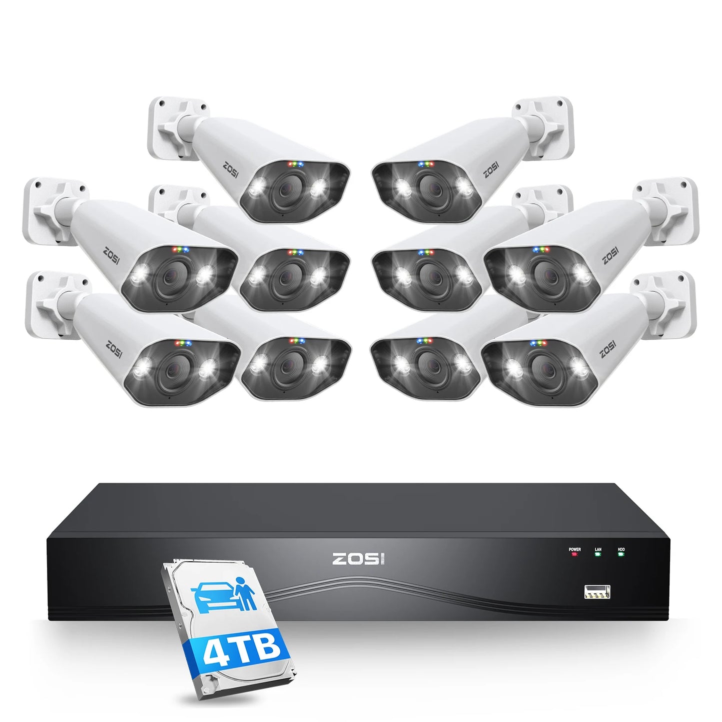 ZOSI 32CH 4K PoE Security Camera System 4TB Face/Person/Vehicle Detect 16 Port 32CH CCTV NVR Dual-Disk 8MP Surveillance IP Cams