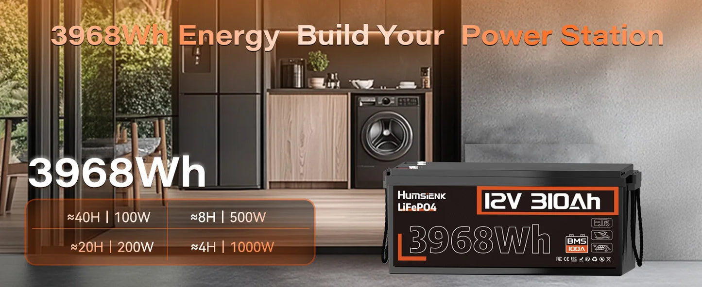 Humsienk 12V 100Ah 310Ah LiFePO4 Battery With BMS 8000 Cycle Perfect For Trolling Motors, Yacht, Marine, Boat, RVs, Home Energy