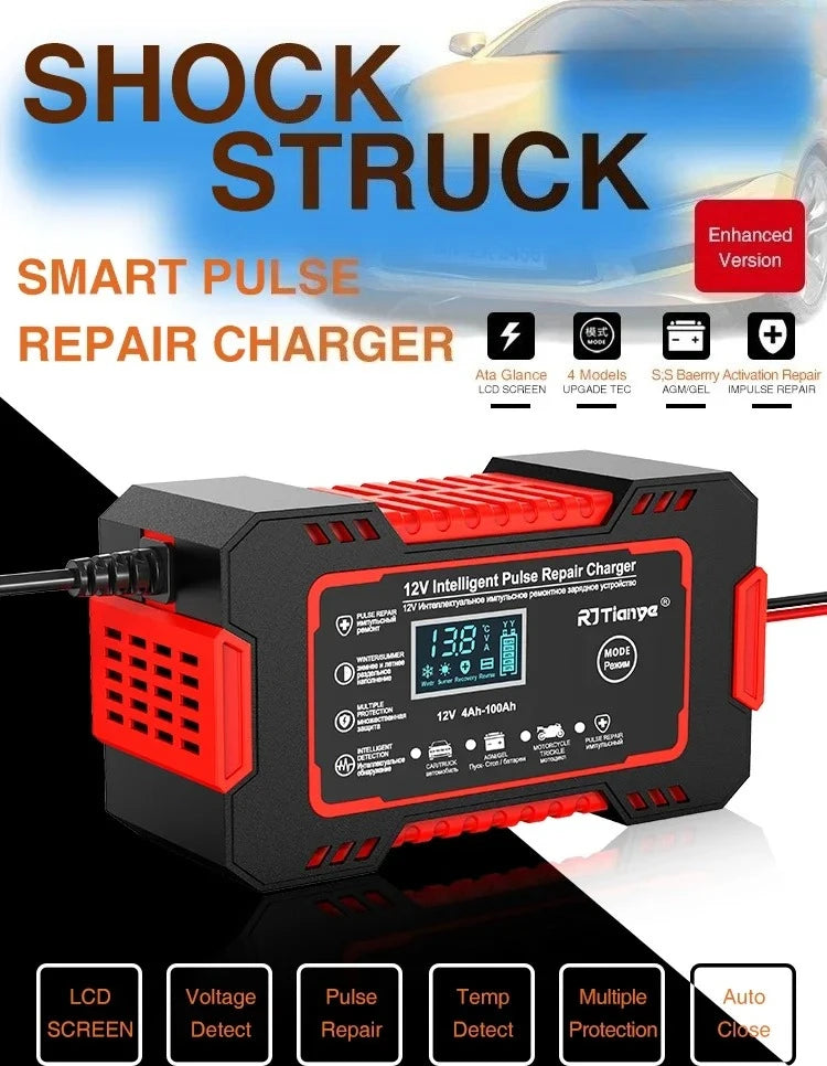 EAFC 6A Car Battery Charger 12V Motorcycle Fully Automatic Repair Charge Intelligent Fast Charging Lead Acid Battery LCD Display