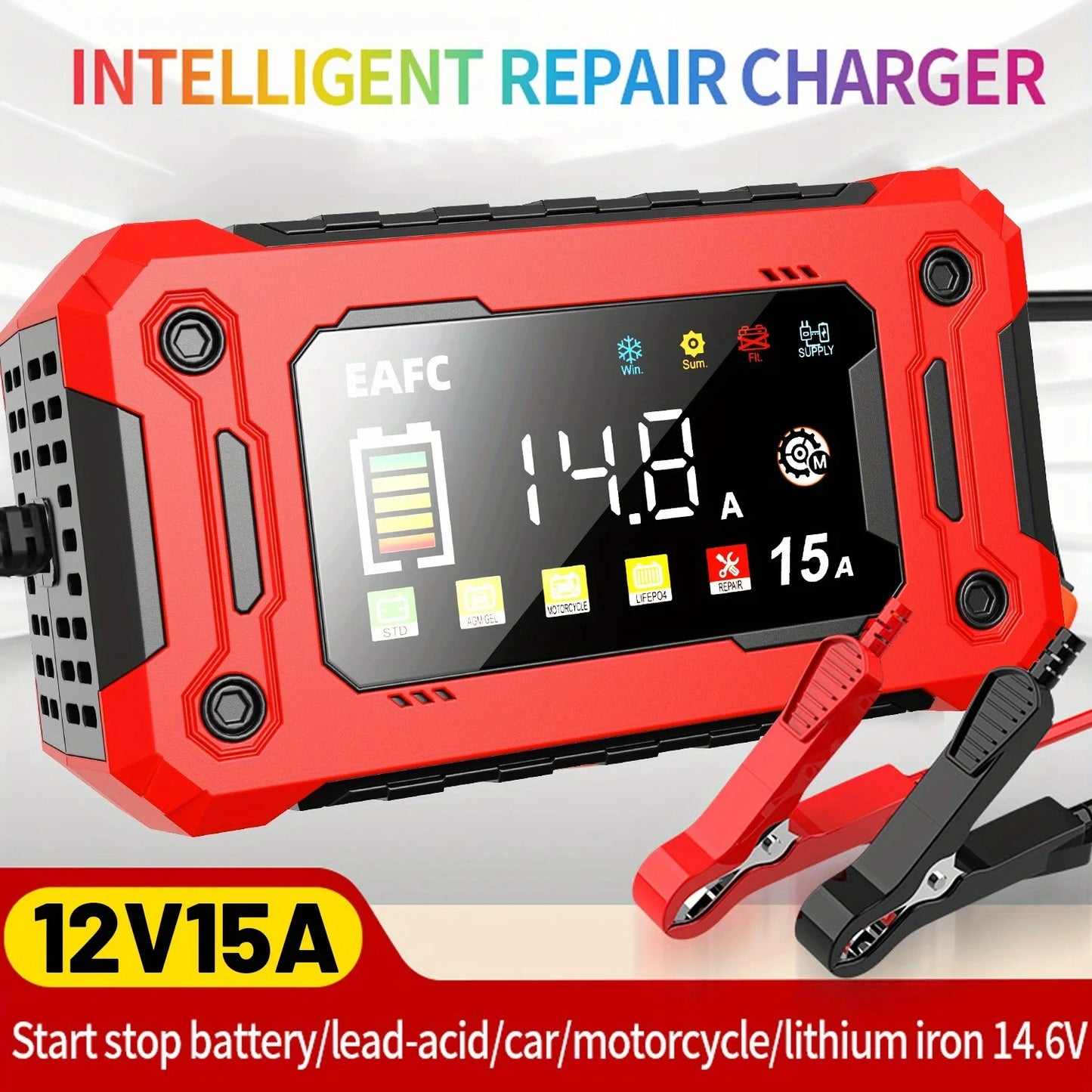 New 12V 15A/8A Smart Car Battery Charger Pulse Repair Automatic Start Fast Charger For Car Motorcycle Truck Lead Acid Batteries