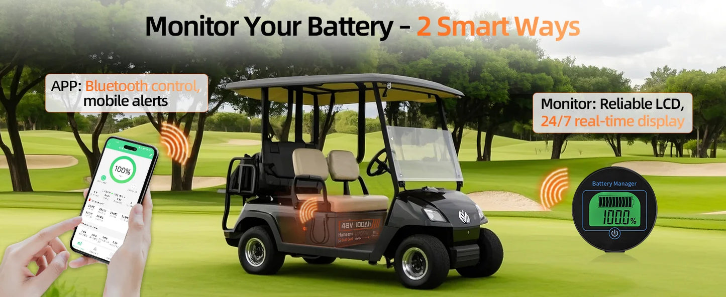 Humsienk Bluetooth LiFePO4 Battery 48V 100Ah Specializing in Golf Cart 200A BMS 5120Wh Energy Real-time Monitor Battery Data