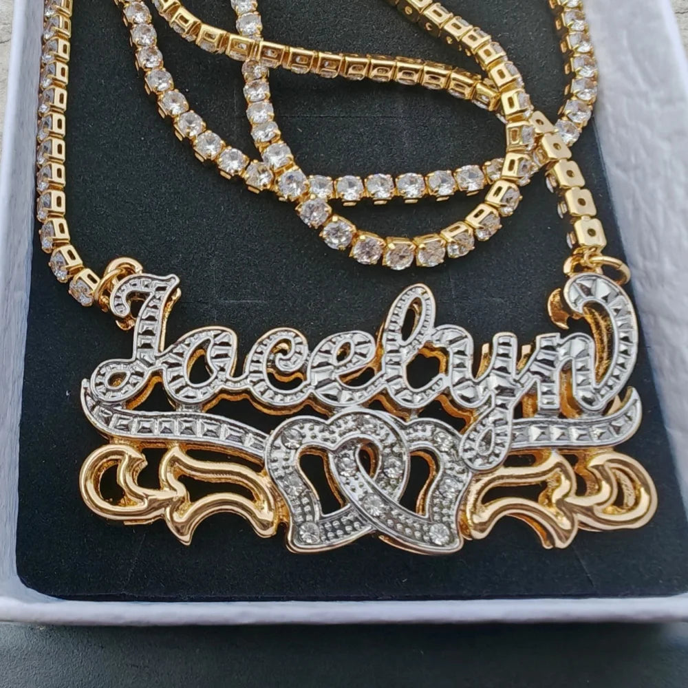 LeeChee Double Layer Custom Name Necklace Two Color Birthday Stone Pendant Tennis Chain Personalized Women Jewelry Gift