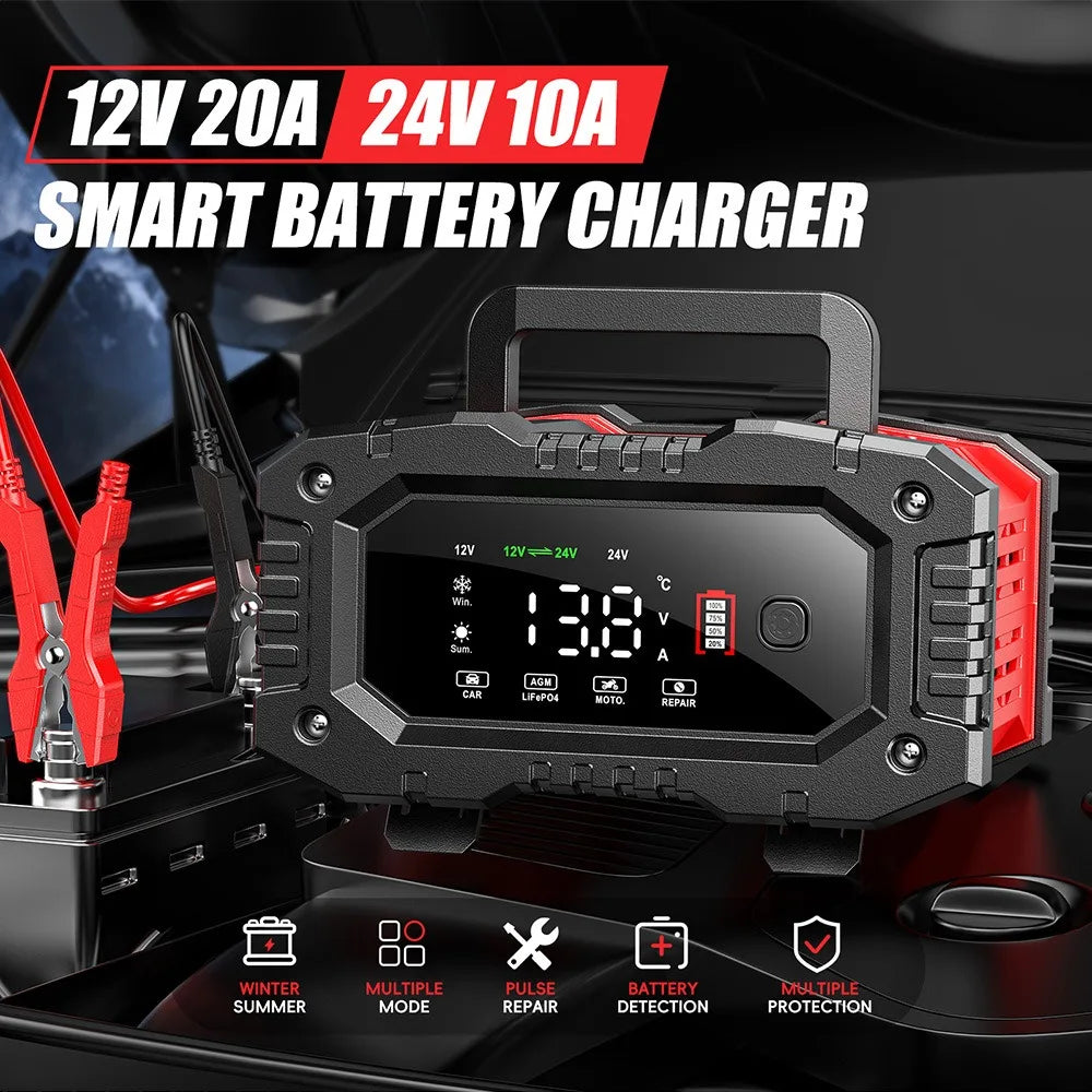 12v/24v 20A Fully Automatic Battery Charger 7-segment Smart Car Battery Charger Pulse Repair for Agm Gel Wet Lead Acid Charging