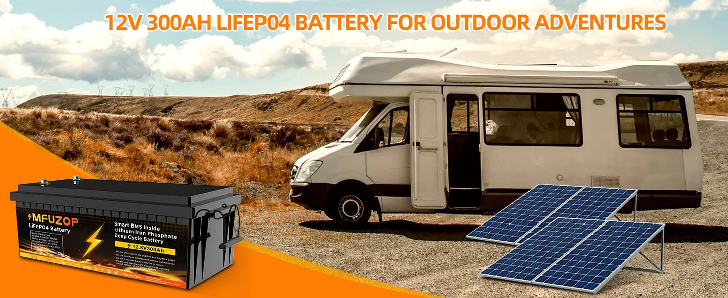 DATOUBOSS 12V 300Ah LiFePO4 Battery 3840Wh Deep Cycle Built-in BMS Max 200A Discharge for Solar Off-grid RV Marine