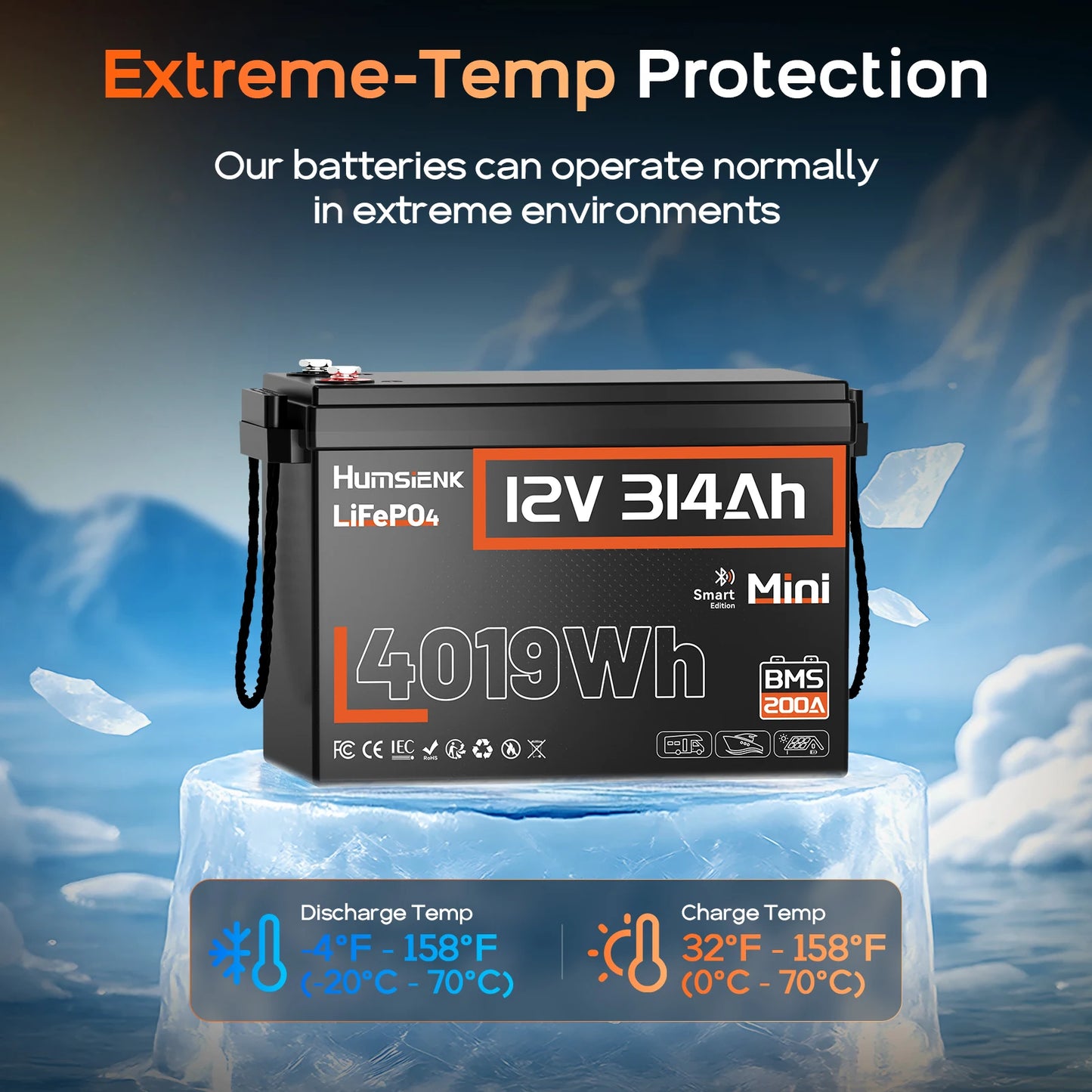 Humsienk Bluetooth LiFePO4 Battery 12V 314AH With 200A BMS A+ Cells 15000 Cycles Real- time Monitor For Outdoor / Household