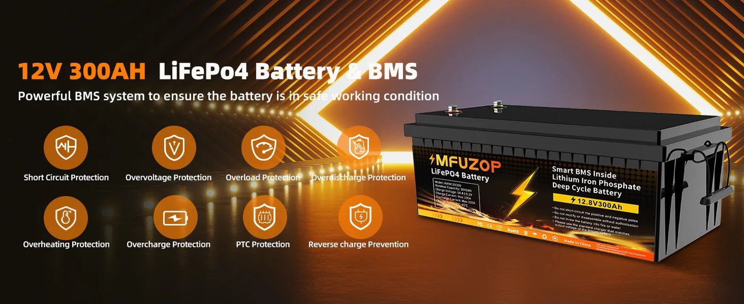 DATOUBOSS 12V 300Ah LiFePO4 Battery 3840Wh Deep Cycle Built-in BMS Max 200A Discharge for Solar Off-grid RV Marine