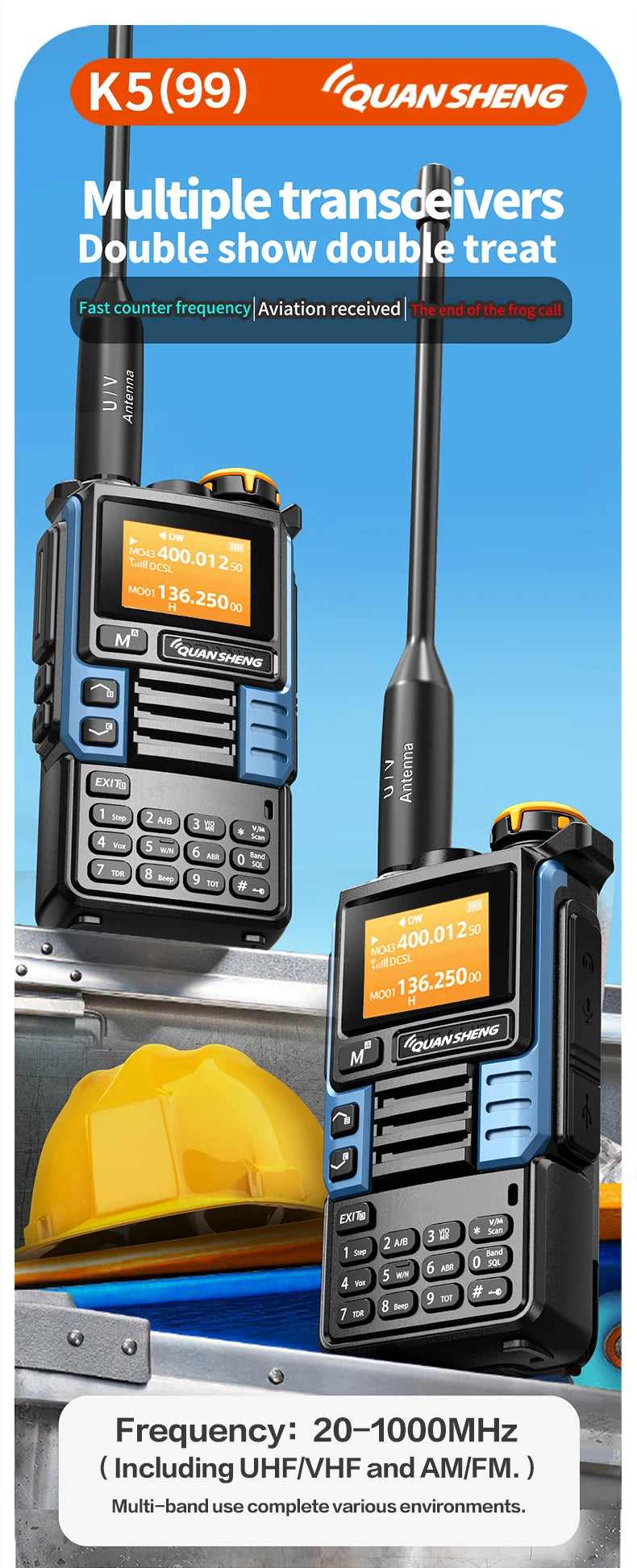 UVK5(99) AM/FM/DTMF Walkie-Talkie 200CH 20-1000MHZ Walkie-Talkie NOAA Weather Forecast with Flash Copy Frequency Tpye-C LCD Disp