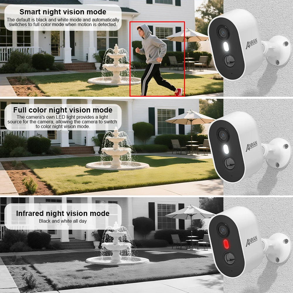 ANRAN 2/3/4PCS Battery Camera 2K 2.4G WiFi Camera Home Protection Security Camera PIR Detection,Free Basic Cloud Storage,5200mAh