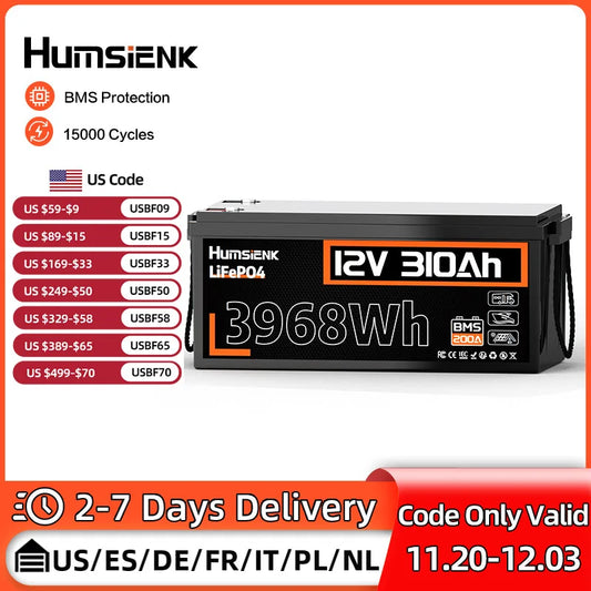 12V 310Ah LiFePO4  Battery 3968Wh Energy 200A BMS 15000 Cycles A+ Cells For RV/ Boat/ Solar Energy/ Off Grid/ Trolling Motor