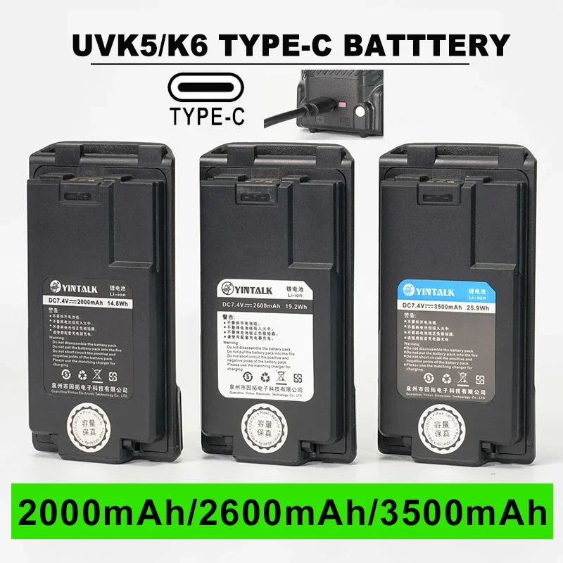 For Quansheng UV-K5 K6 Walkie Talkie Battery 2000/2600/3500mAh Type-C Charge Batterior High Capacity Radio Rechargable Battery