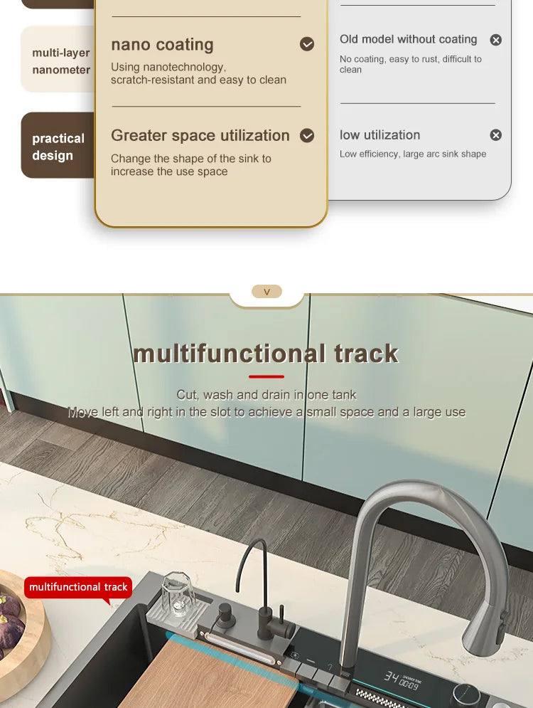 Stainless Steel Waterfall Kitchen Sink Large Single Slot With Digital Display Faucet Apartment Multifunctional Wash Basin