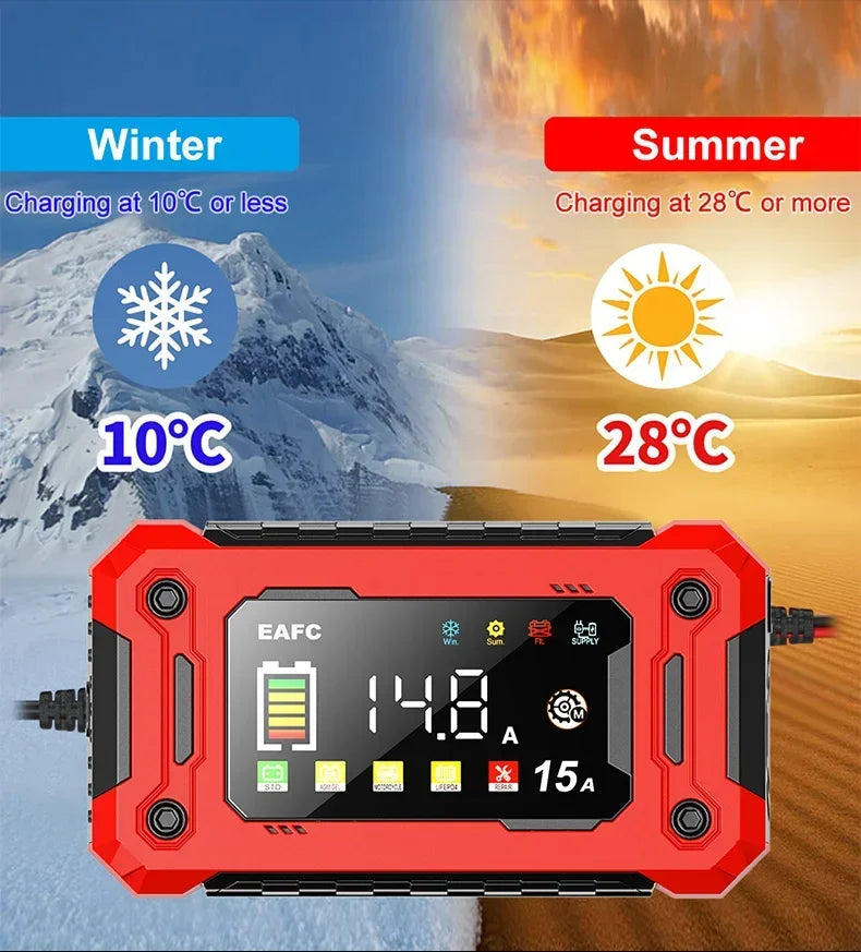 12V15A Car Smart Pulse Repair Charger suitable for cars, motorcycles, boats, AGM, GEL, WET lead-acid batteries