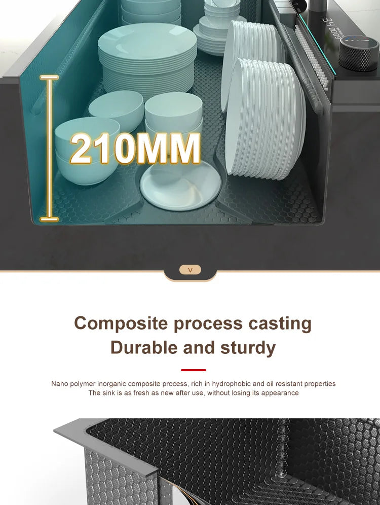 Stainless Steel Waterfall Kitchen Sink Large Single Slot With Digital Display Faucet Apartment Multifunctional Wash Basin