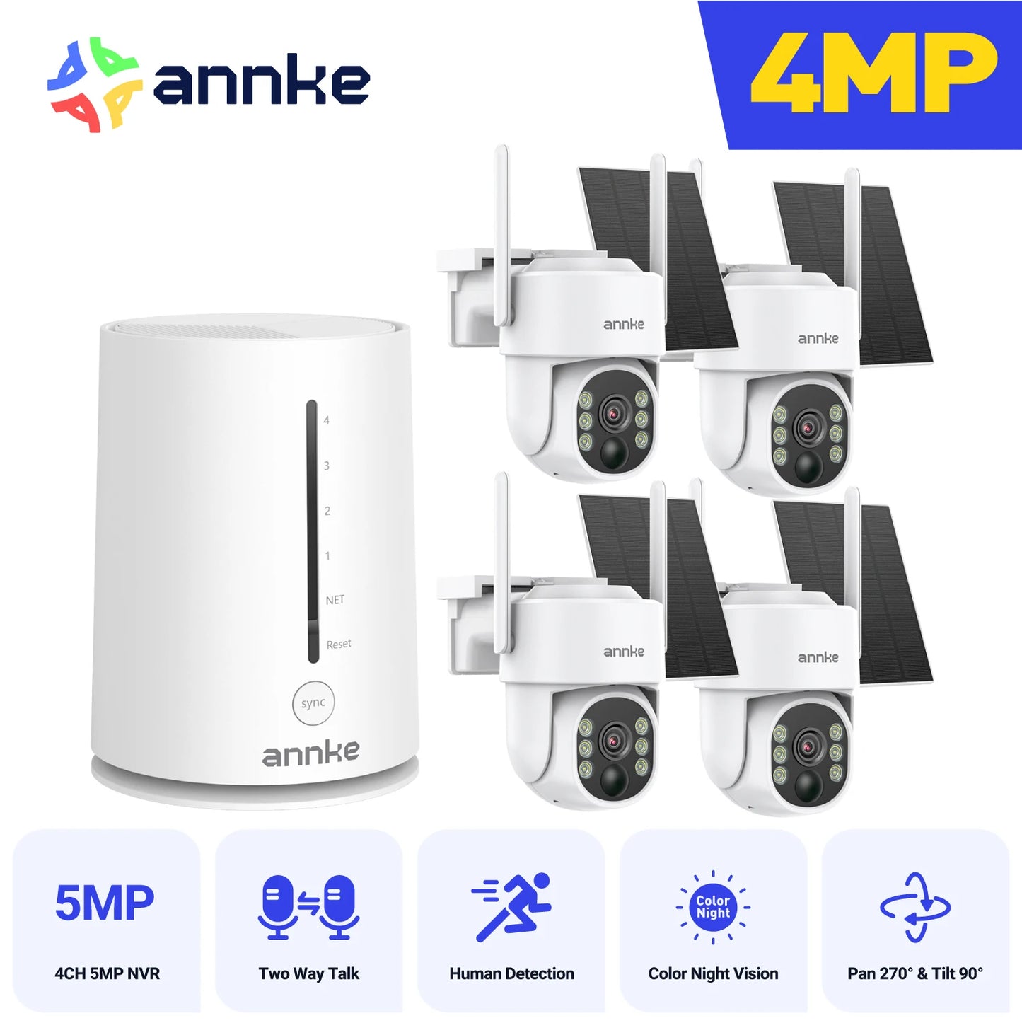ANNKE 4MP Battery WiFi Security Camera PT Auto Tracking Color Night Vision Wireless IP Camera 4CH Homebase Security System
