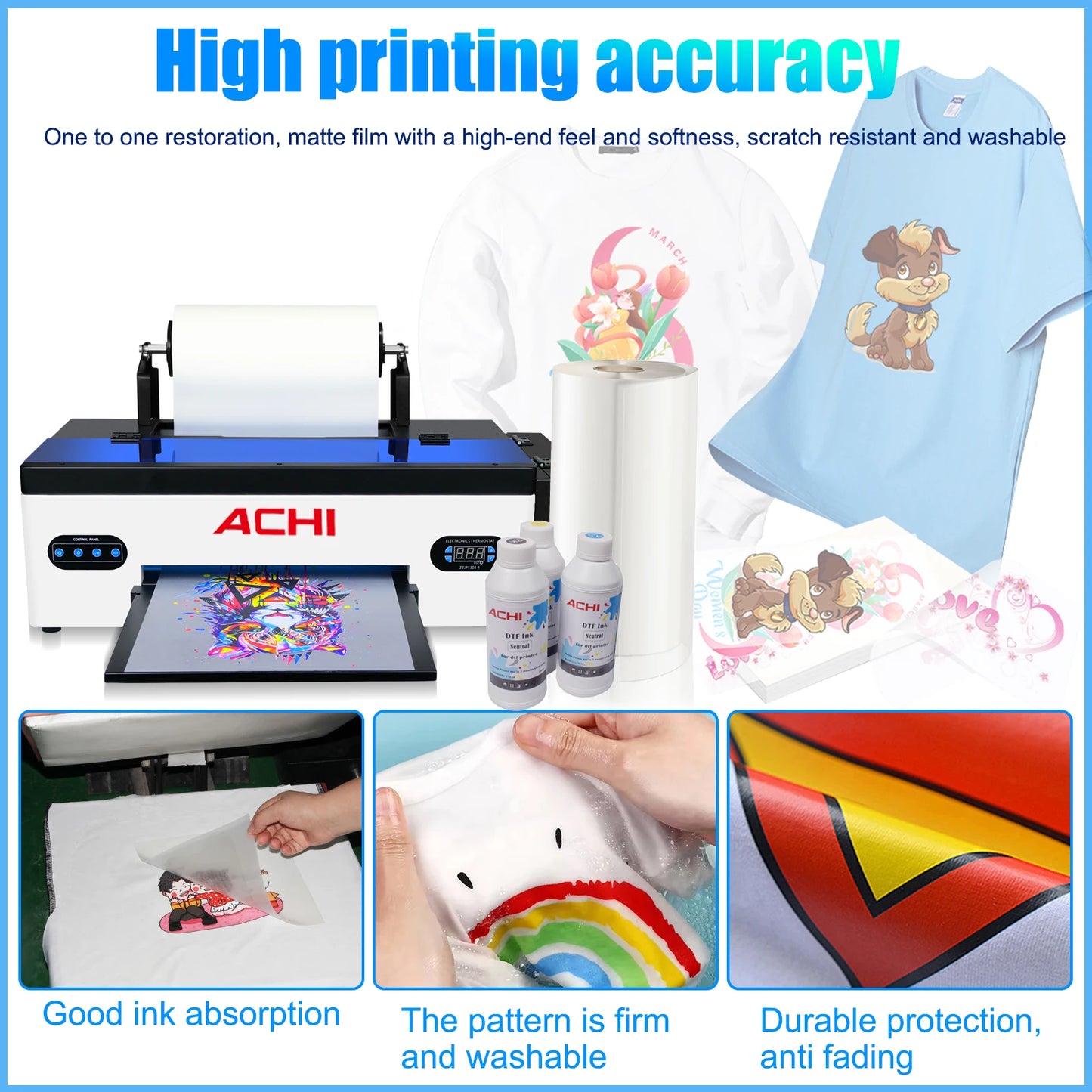 ACHI DTF Transfer Printer A3 DTF Printer T Shirt Printing Machine With Curing Oven for Clothes Hoodies Jeans Textile EU US Stock
