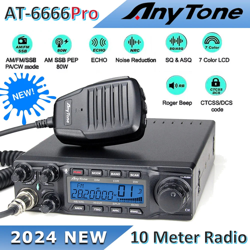 New AnyTone AT-6666 Pro 10 Meter Radio High Power 80W/50W Mobile Radio SSB(PEP)/FM/AM/PA/VOX/NRC Mode Long Range Two Way Radio