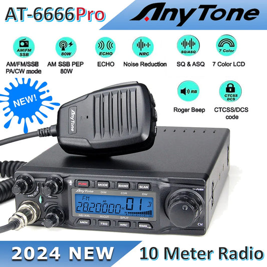 New AnyTone AT-6666 Pro 10 Meter Radio High Power 80W/50W Mobile Radio SSB(PEP)/FM/AM/PA/VOX/NRC Mode Long Range Two Way Radio
