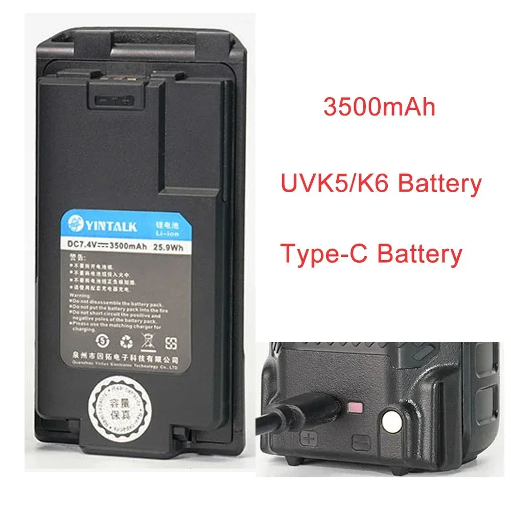 For Quansheng UV-K5 K6 Walkie Talkie Battery 2000/2600/3500mAh Type-C Charge Batterior High Capacity Radio Rechargable Battery