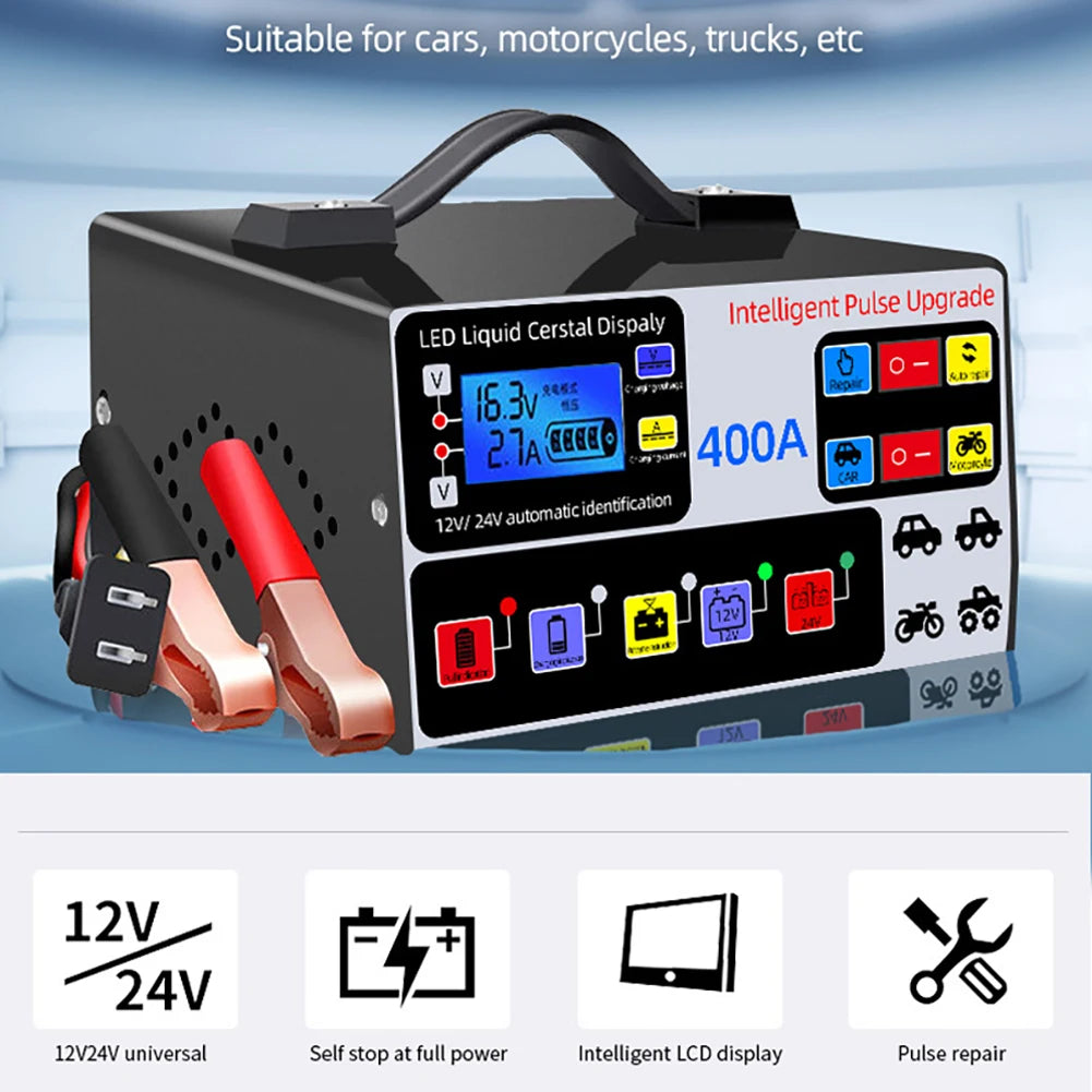 400A Car Battery Charger LCD Display Battery High Power Fast Charger Intelligent Pulse Repair Charger Self-Stop Battery Charger