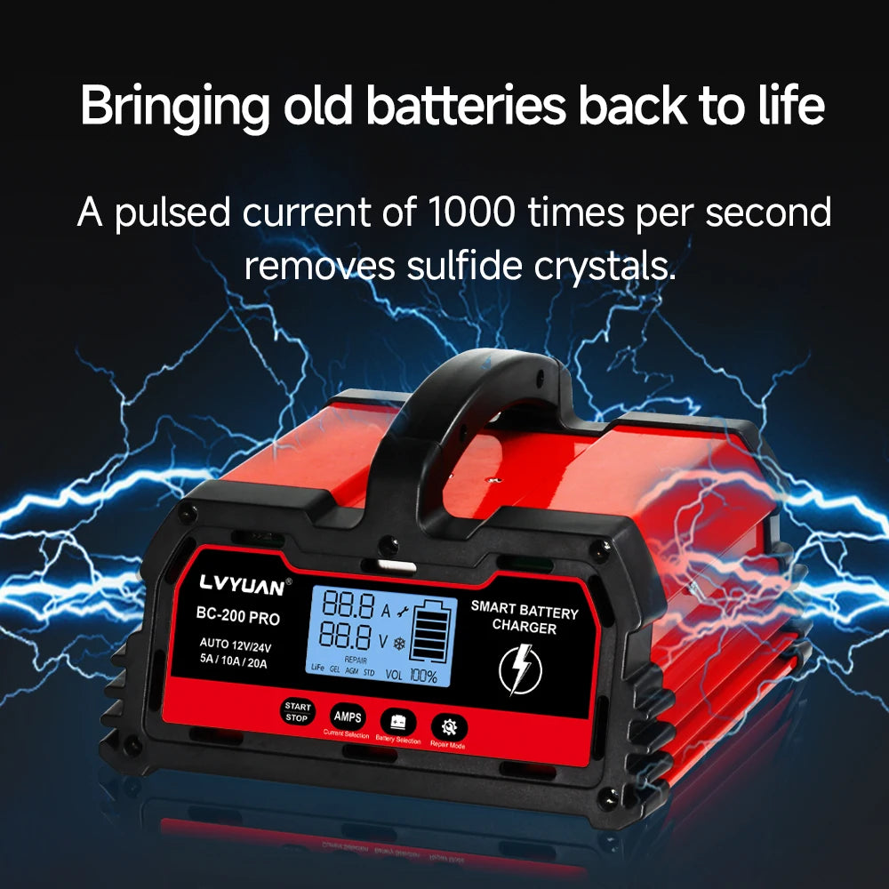 Auto DC12V 24V Battery Charger Smart LCD Display 8-stage Intelligent Charging Car Battery Chager for LiFePO4 AGM GEL Lead-Acid